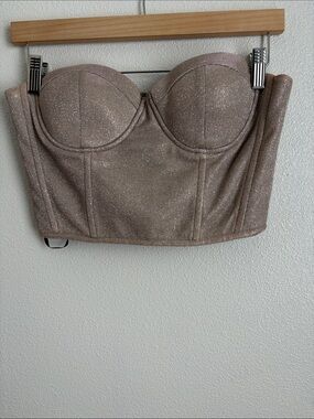 Shimmery Strapless Bustier Corset Crop Top in Champagne taupe